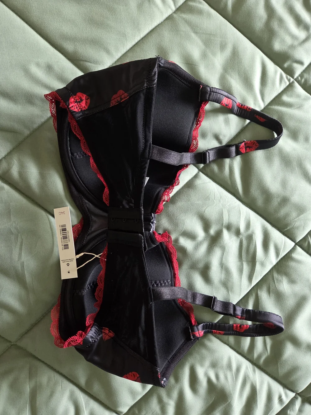 Adore Me Black Balconette Bra with Red Kiss Print